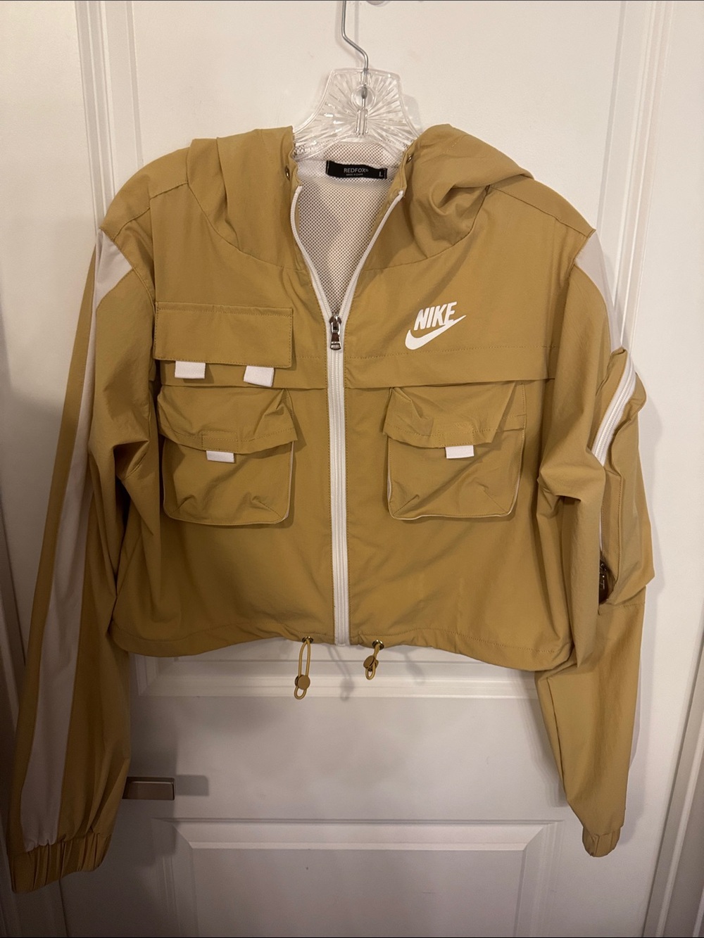 Nike Women’s Tan Hooded Cropped Utility Jacket with White Accents